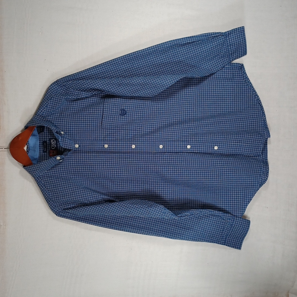 Chaps men's long sleeve blueicro plaid dress shirt,size "L"